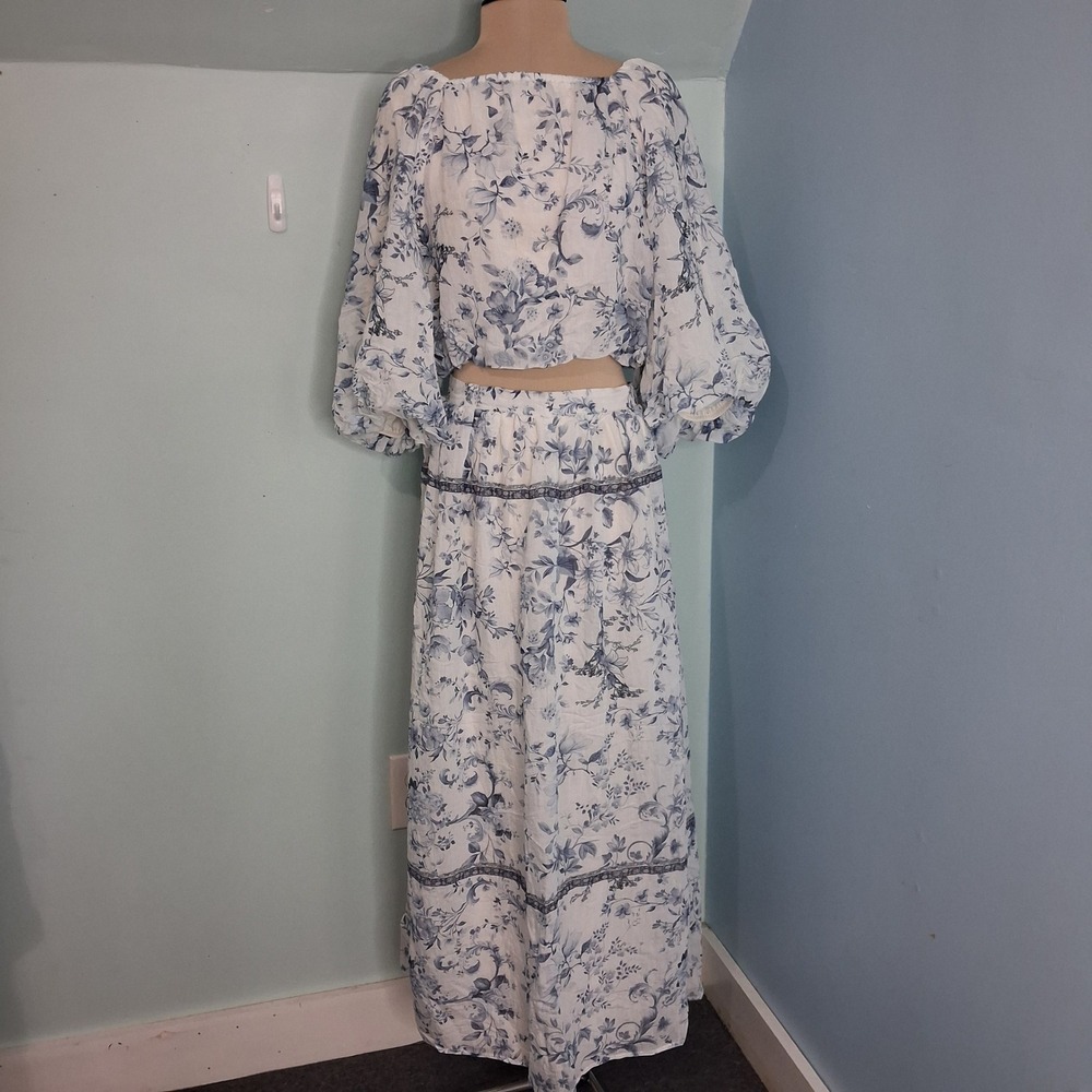 Calypso St Barth Blue White Toile Floral Crop Top Maxi Skirt Set Womens Large
